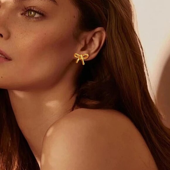 Women's 18K Gold-plated Zircon Earrings Hoop Dangle Bow 2 Earring Silver Gold - Picture 3 of 7